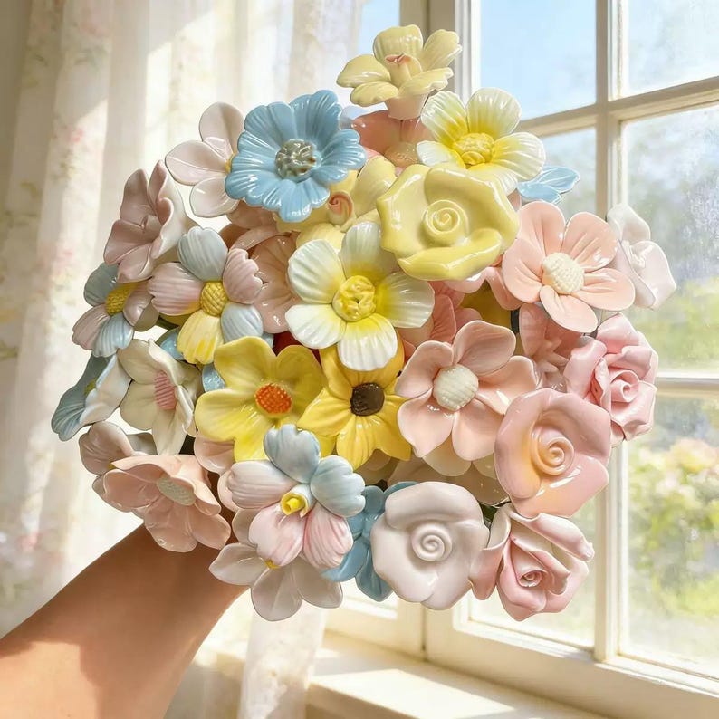 Elegant glass vase with ceramic flowers, home decor