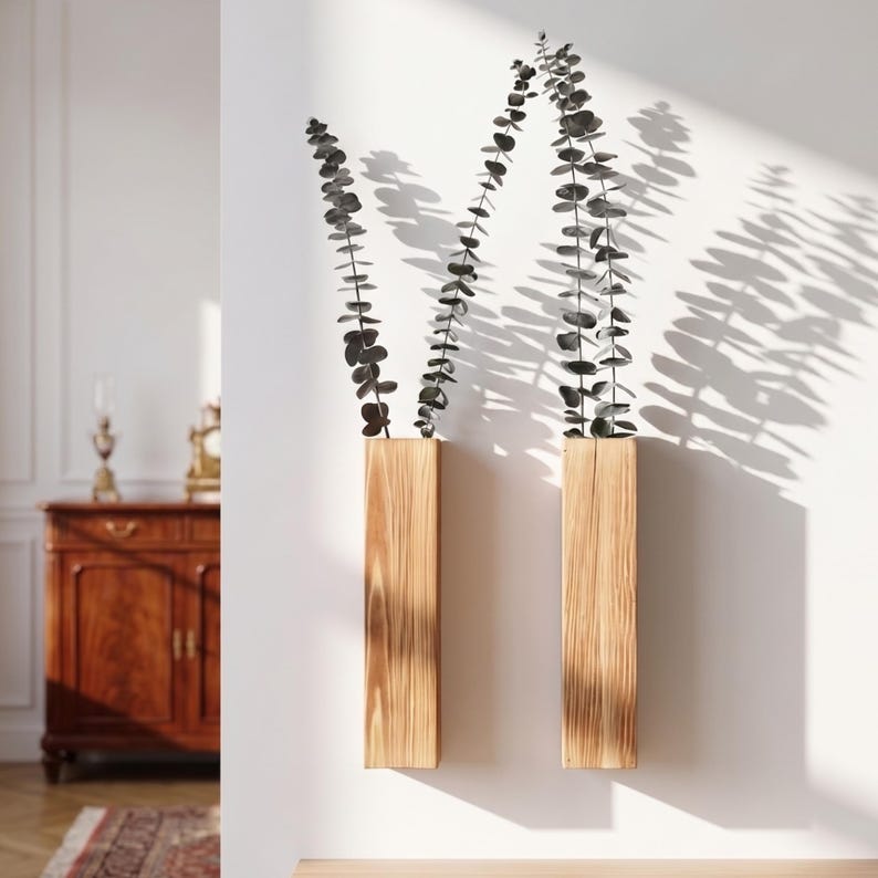Wooden wall-mounted flower pot. Simple hanging vase, dried flower decoration