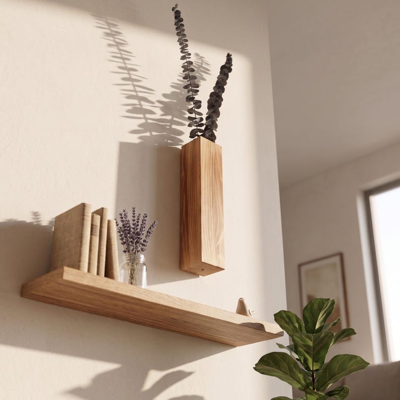 Wooden wall-mounted flower pot. Simple hanging vase, dried flower decoration