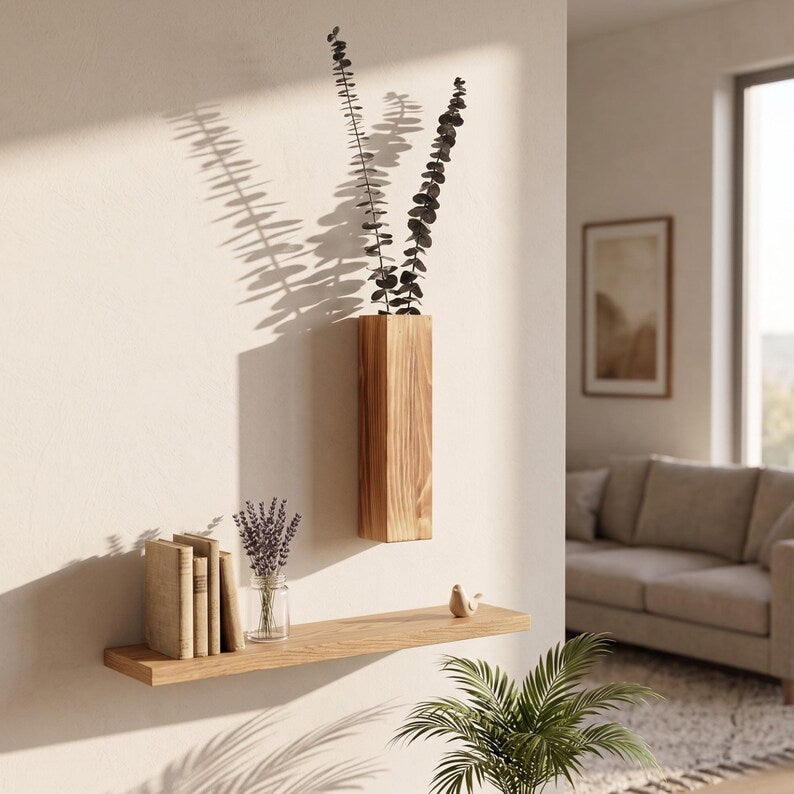 Wooden wall-mounted flower pot. Simple hanging vase, dried flower decoration