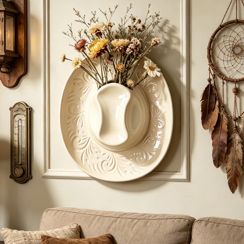 Ceramic cowboy hat wall-mounted vase, country western style vase decoration