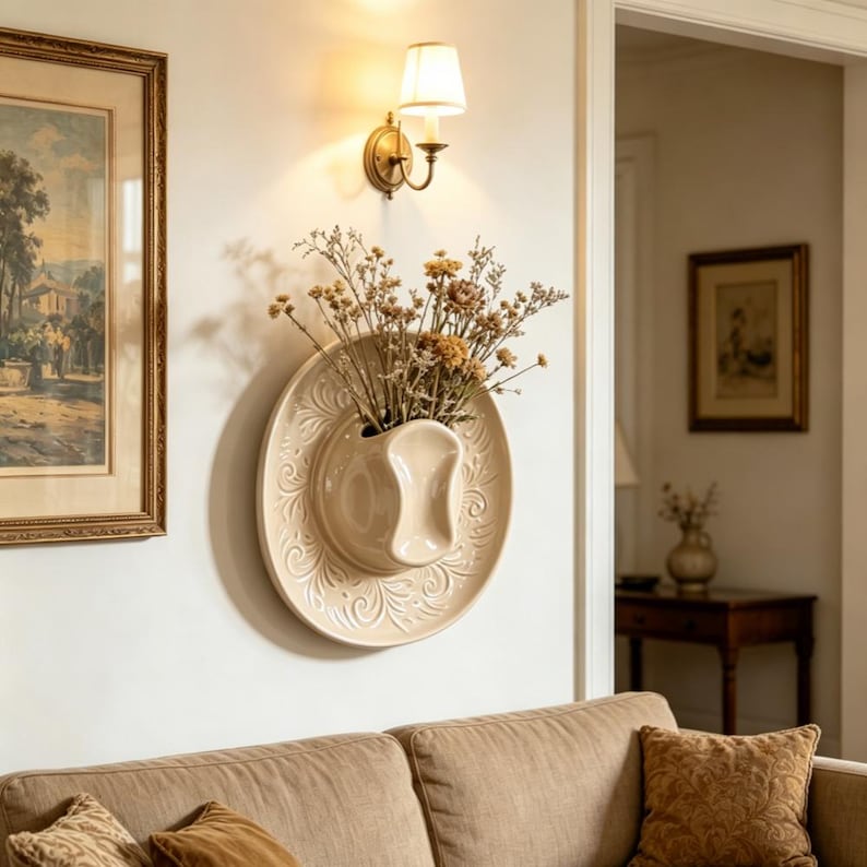 Ceramic cowboy hat wall-mounted vase, country western style vase decoration