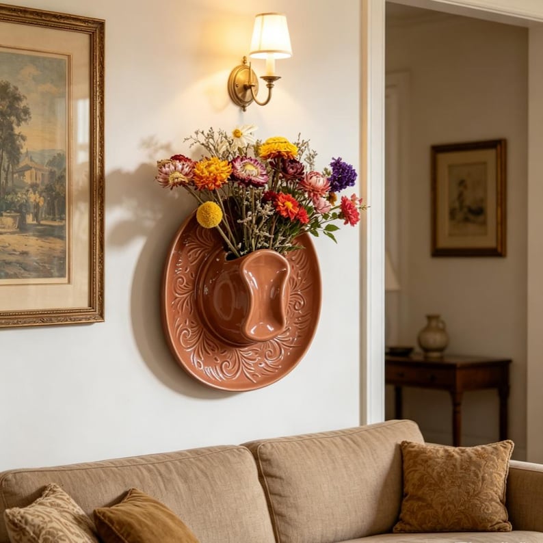 Ceramic cowboy hat wall-mounted vase, country western style vase decoration