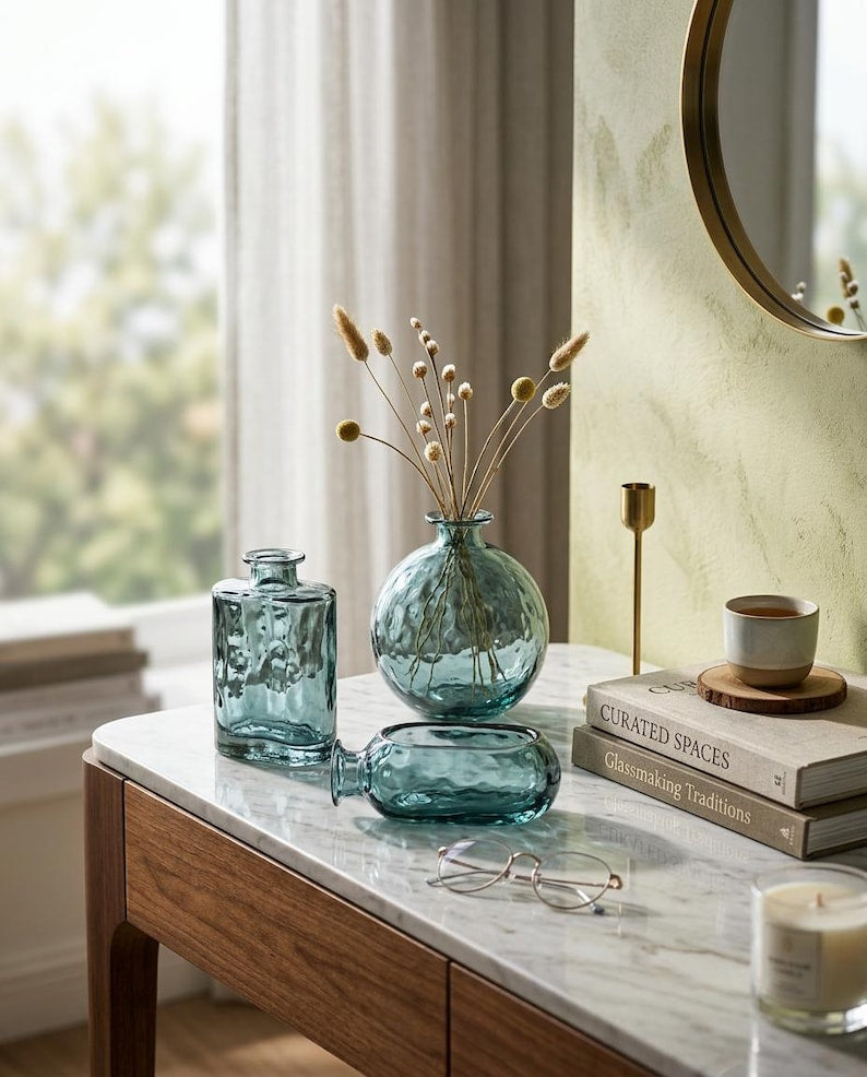 Three-piece set of amber oval blue-green gradient glass vases, modern home floral decoration.