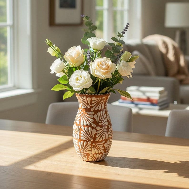 Brown and white embossed hand-painted ceramic vase