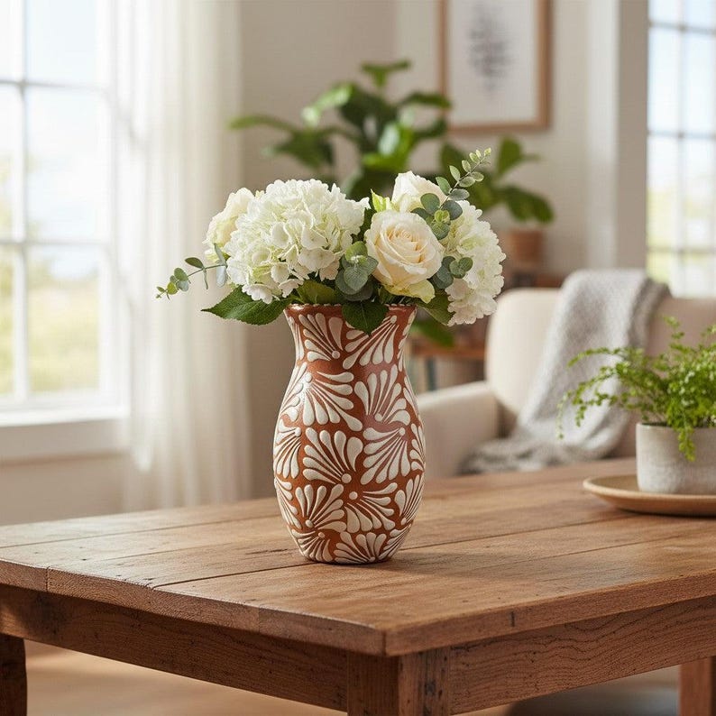 Brown and white embossed hand-painted ceramic vase