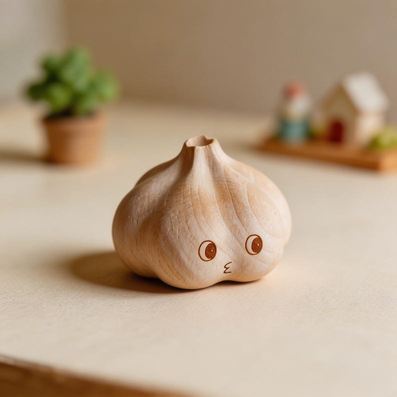 Cute Wooden Garlic Figurine, Rustic Home Decor