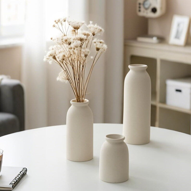 3-Piece Bohemian Style Ceramic Vase Set, Neutral Tones, Reed Stand Desktop Decoration