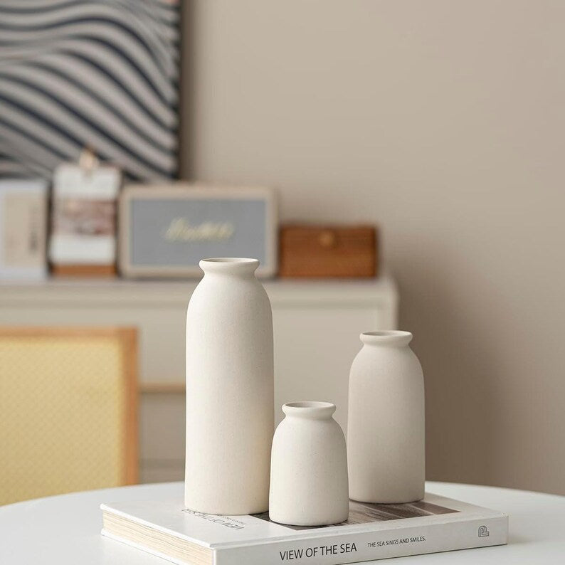 3-Piece Bohemian Style Ceramic Vase Set, Neutral Tones, Reed Stand Desktop Decoration