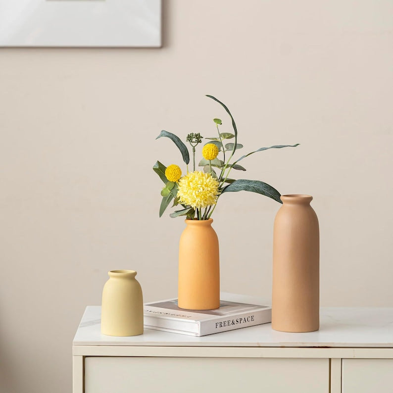 3-Piece Bohemian Style Ceramic Vase Set, Neutral Tones, Reed Stand Desktop Decoration