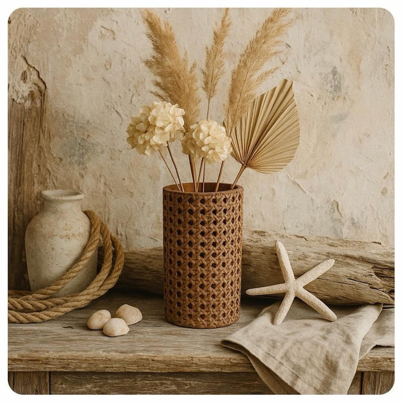 Vintage Rattan Vase, Vintage Coastal Bohemian Style Home Decor