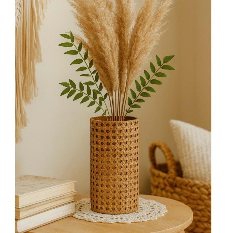 Vintage Rattan Vase, Vintage Coastal Bohemian Style Home Decor