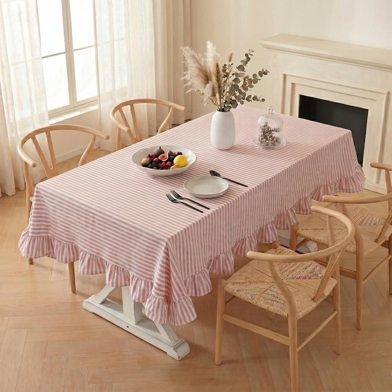 Striped pleated tablecloth, farmhouse style dining room and kitchen decoration