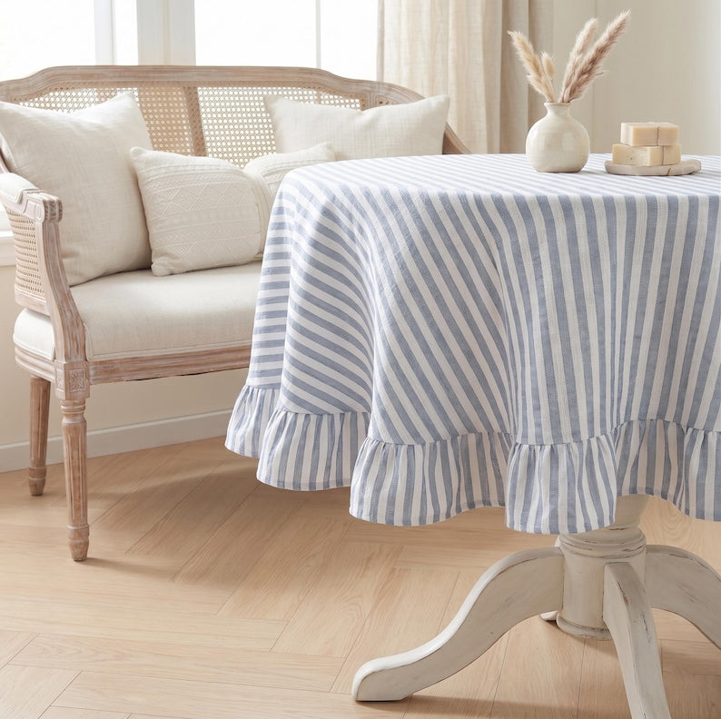 Striped pleated tablecloth, farmhouse style dining room and kitchen decoration