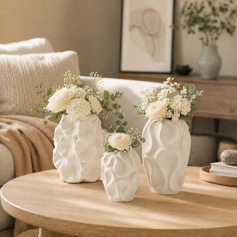 Textured White Ceramic Vase Set, Unique Home Decor Artwork