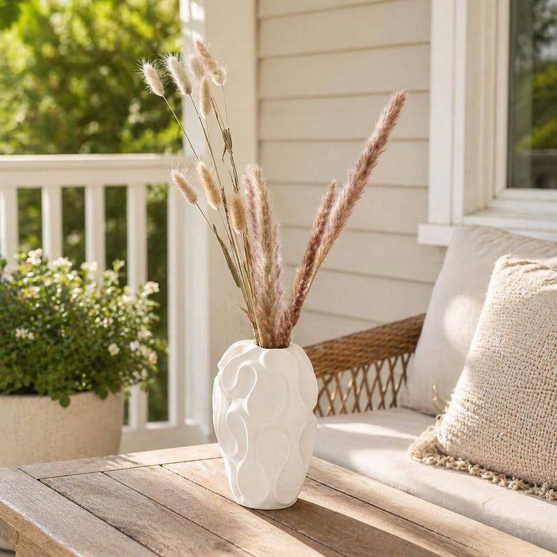 Textured White Ceramic Vase Set, Unique Home Decor Artwork