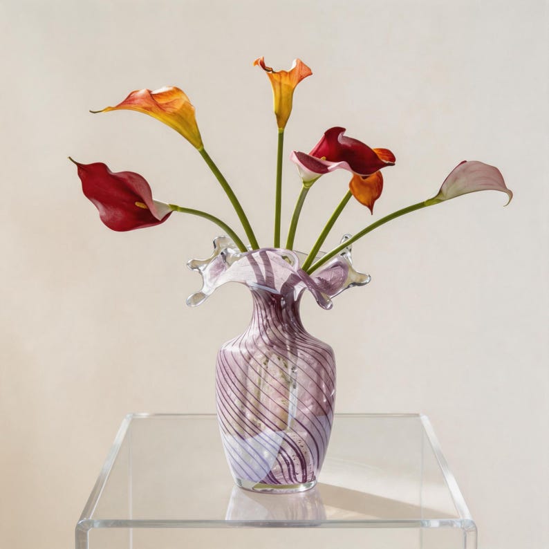 Lavender French glass vase with teardrop-shaped rim, elegant living room home decor