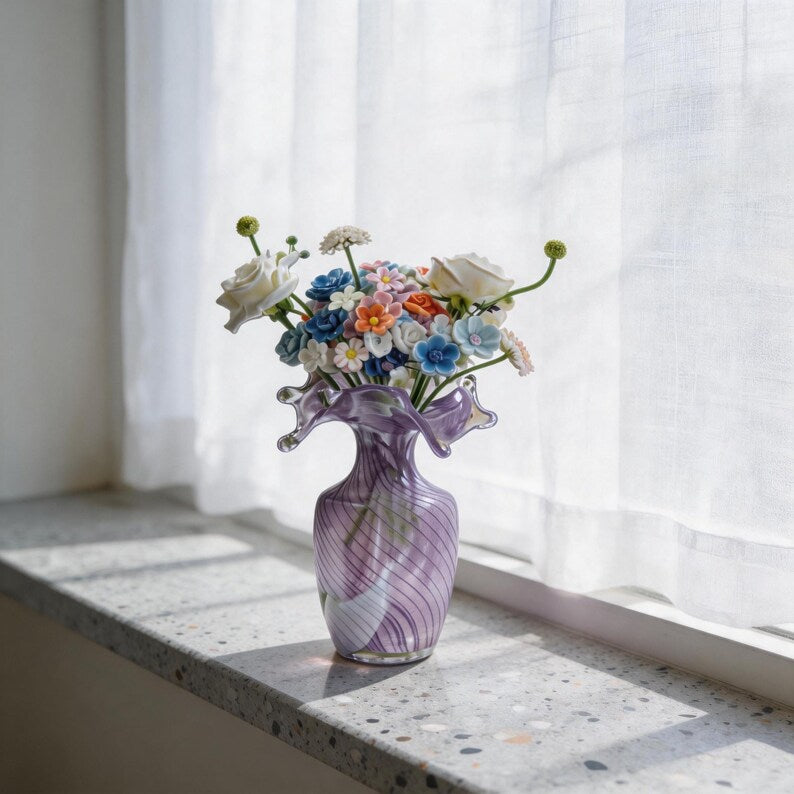 Lavender French glass vase with teardrop-shaped rim, elegant living room home decor