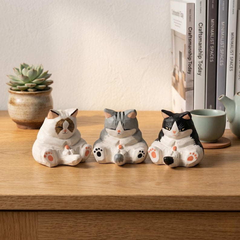Fun chubby wooden cat figurine, desktop home decoration.