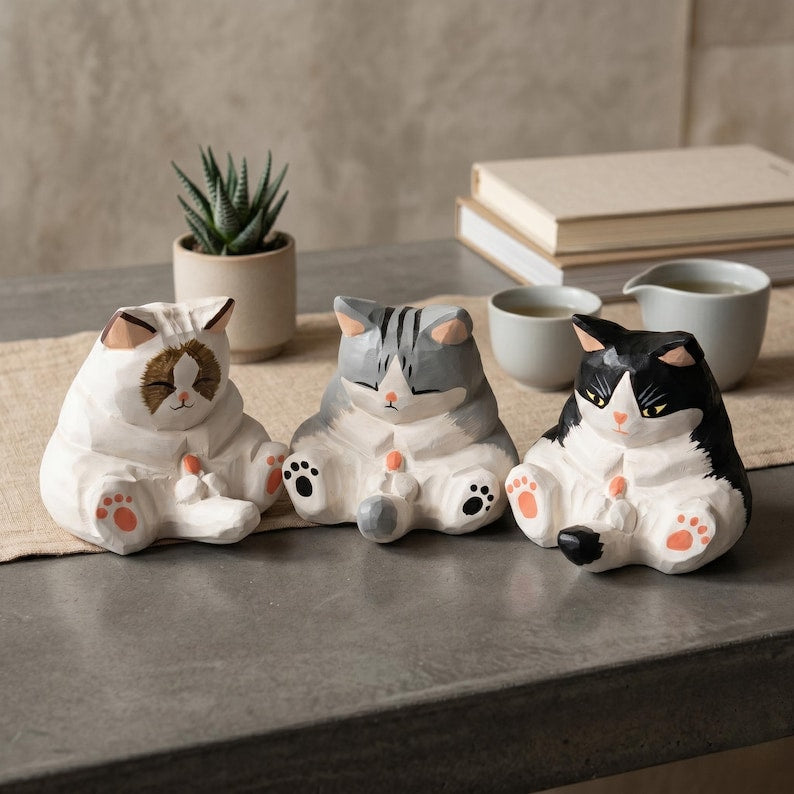 Fun chubby wooden cat figurine, desktop home decoration.