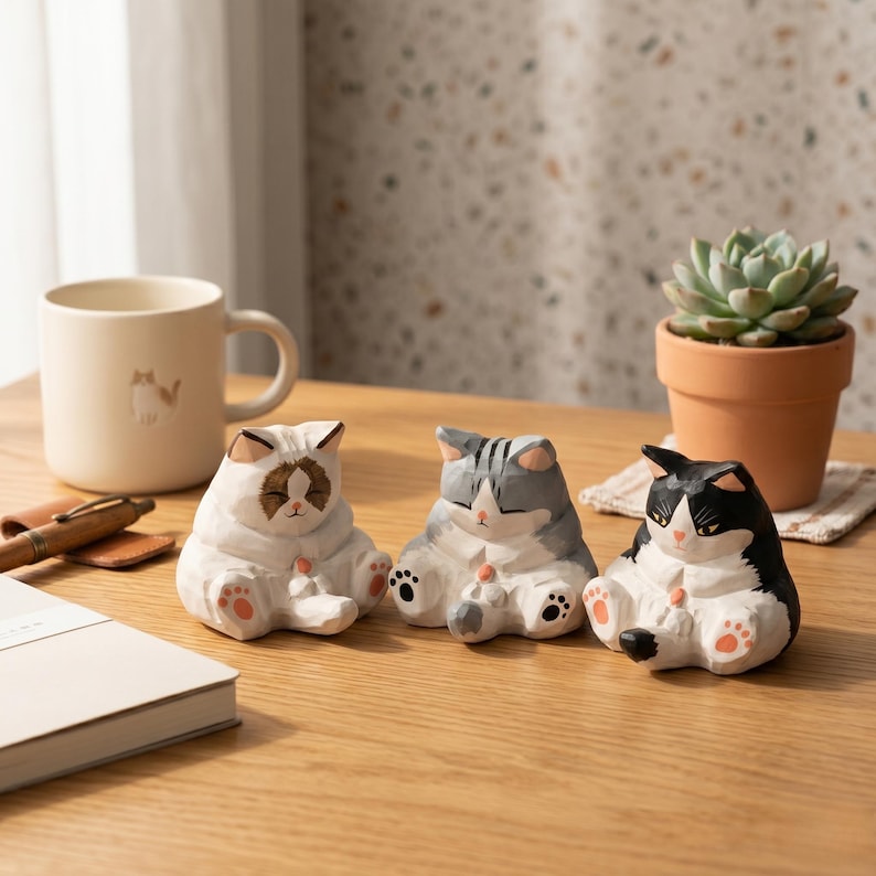 Fun chubby wooden cat figurine, desktop home decoration.