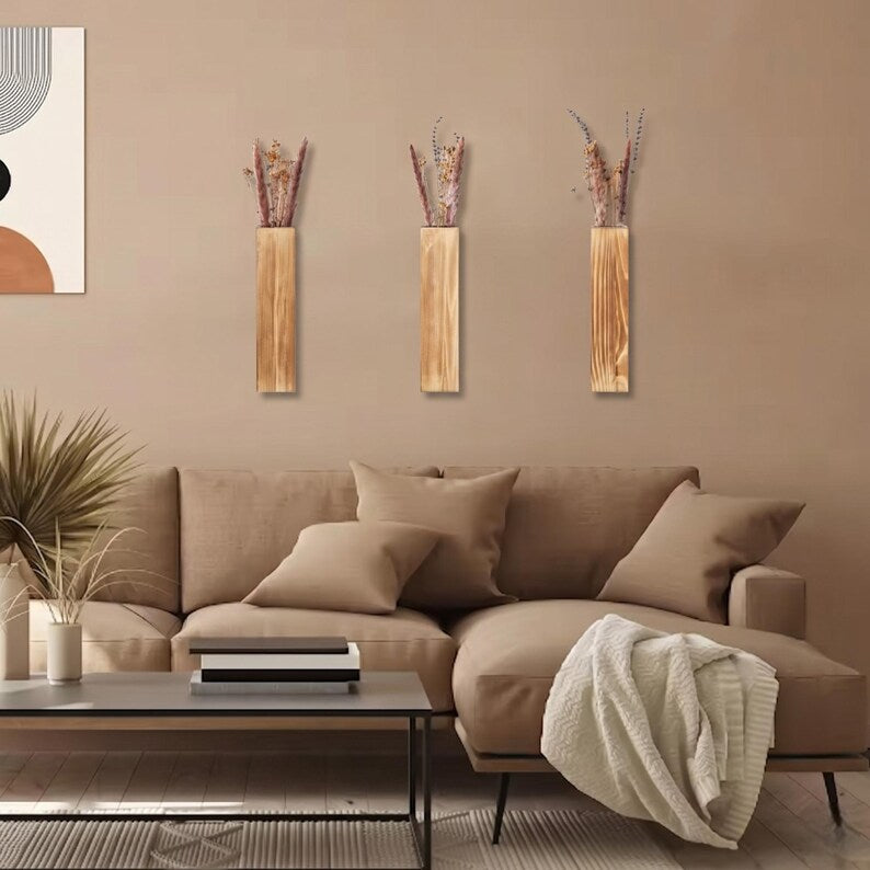 Wooden wall-mounted flower pot. Simple hanging vase, dried flower decoration