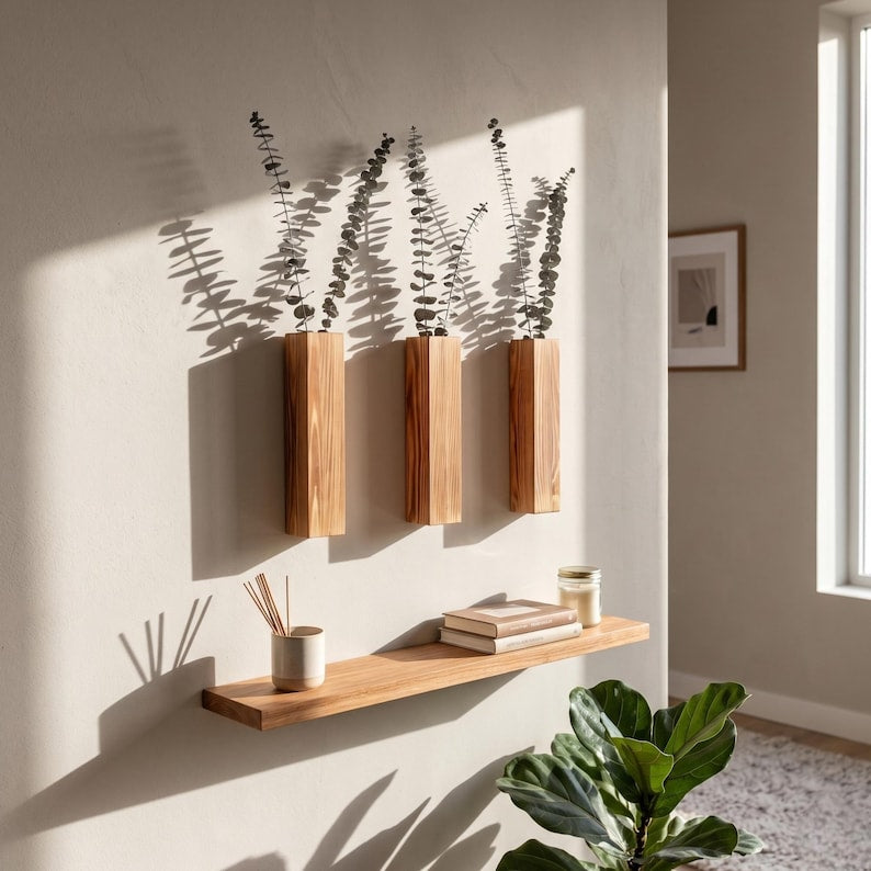Wooden wall-mounted flower pot. Simple hanging vase, dried flower decoration
