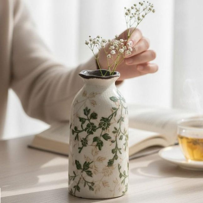 Floral Ceramic Vase, Country Style Desktop Ornament, Home Decor