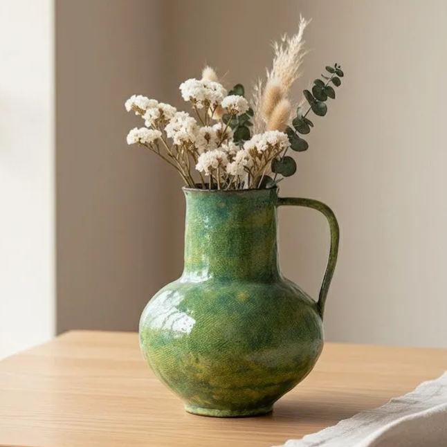 Green Ceramic Vase, Modern Country Style, Simple Plant Arrangement