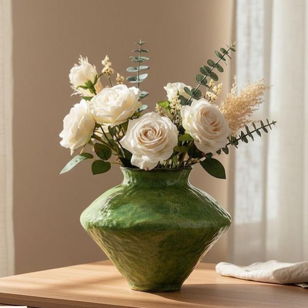 Green Ceramic Vase, Modern Country Style, Simple Plant Arrangement