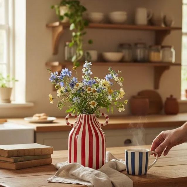Striped ceramic vase with handle, bohemian farmhouse style home decor