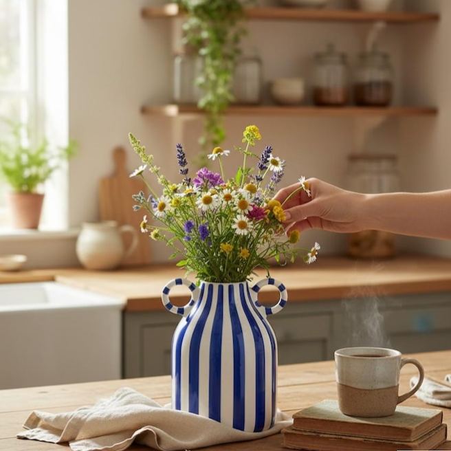 Striped ceramic vase with handle, bohemian farmhouse style home decor