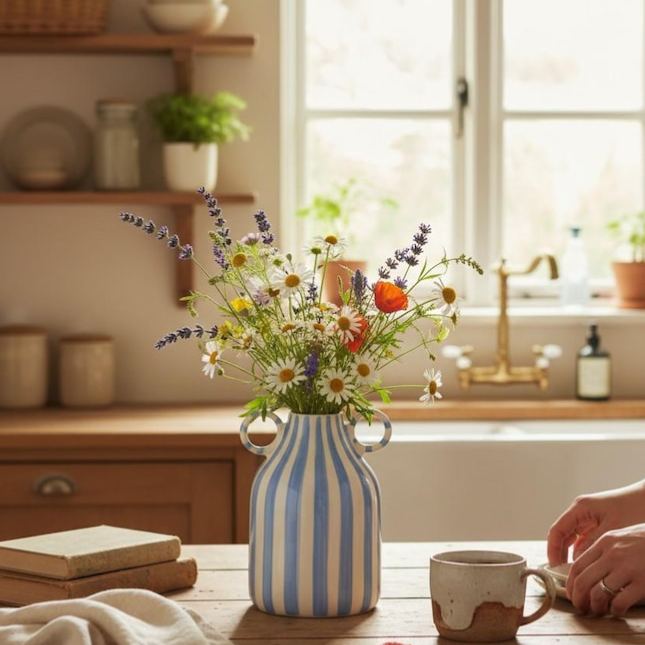 Striped ceramic vase with handle, bohemian farmhouse style home decor