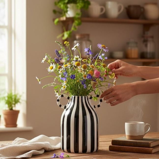 Striped ceramic vase with handle, bohemian farmhouse style home decor