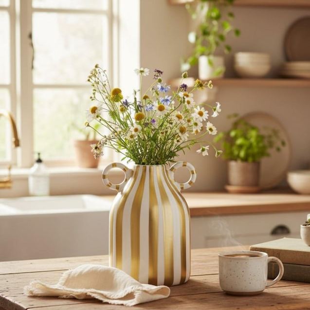 Striped ceramic vase with handle, bohemian farmhouse style home decor