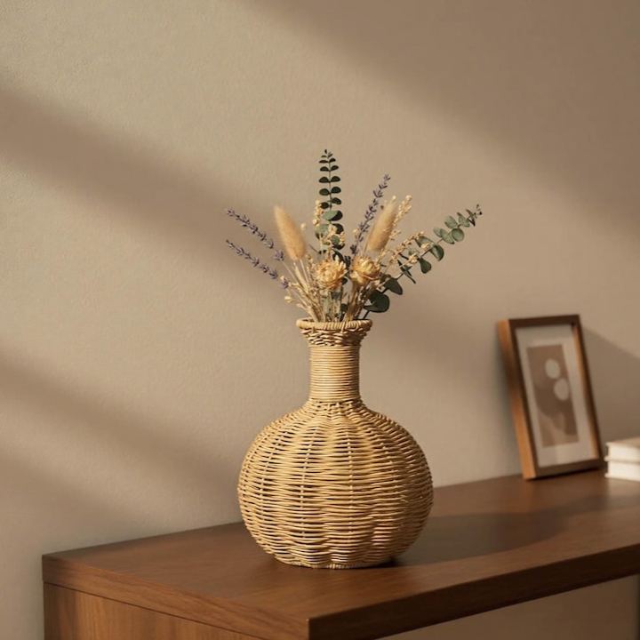 Round wicker vase, bohemian style living room home decor