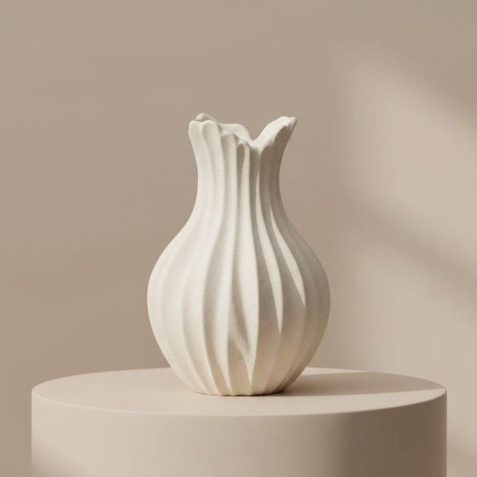 White ribbed ceramic vase, minimalist neutral plant style, home décor