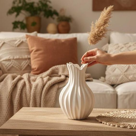 White ribbed ceramic vase, minimalist neutral plant style, home décor