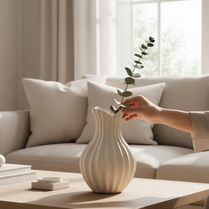 White ribbed ceramic vase, minimalist neutral plant style, home décor