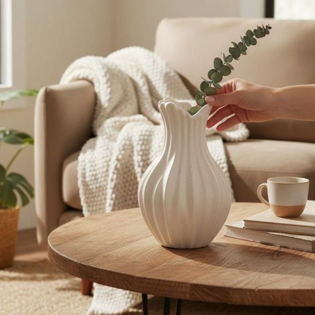 White ribbed ceramic vase, minimalist neutral plant style, home décor