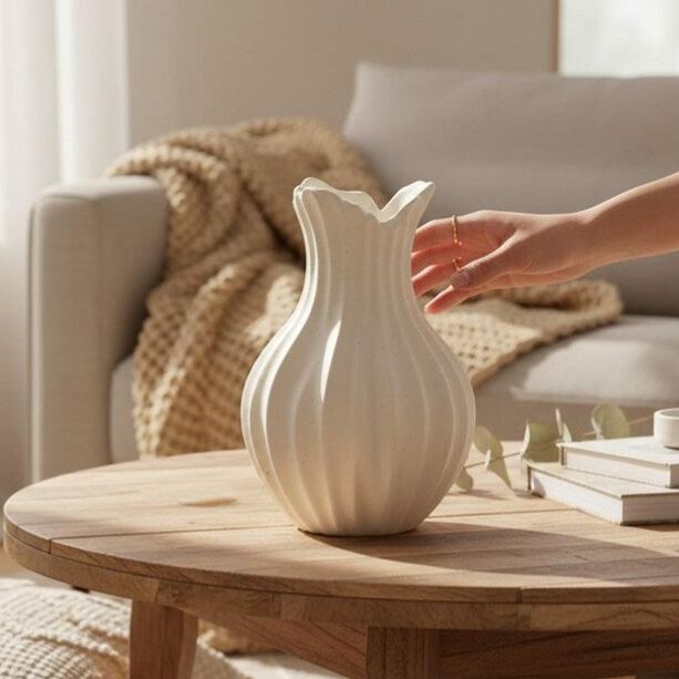 White ribbed ceramic vase, minimalist neutral plant style, home décor