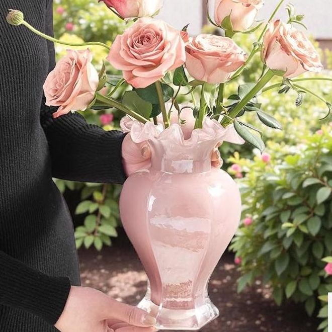 Pink vintage style slender glass vase, home decoration ornament