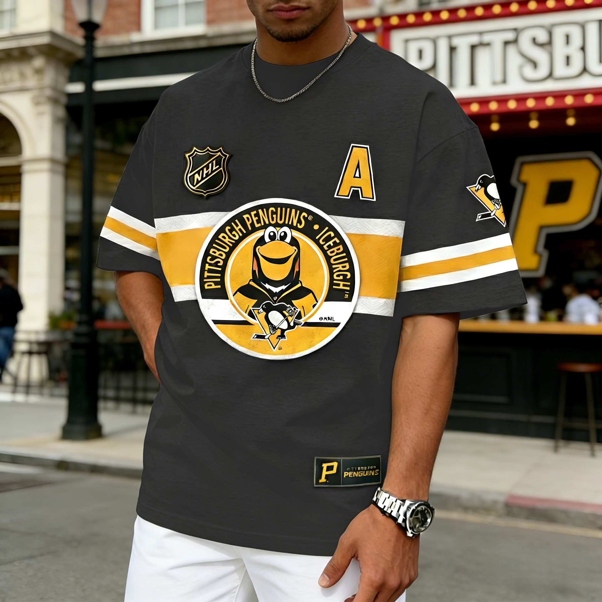 T-shirts featuring the NHL team "Pittsburgh Penguins" and their mascot "Iceburgh"