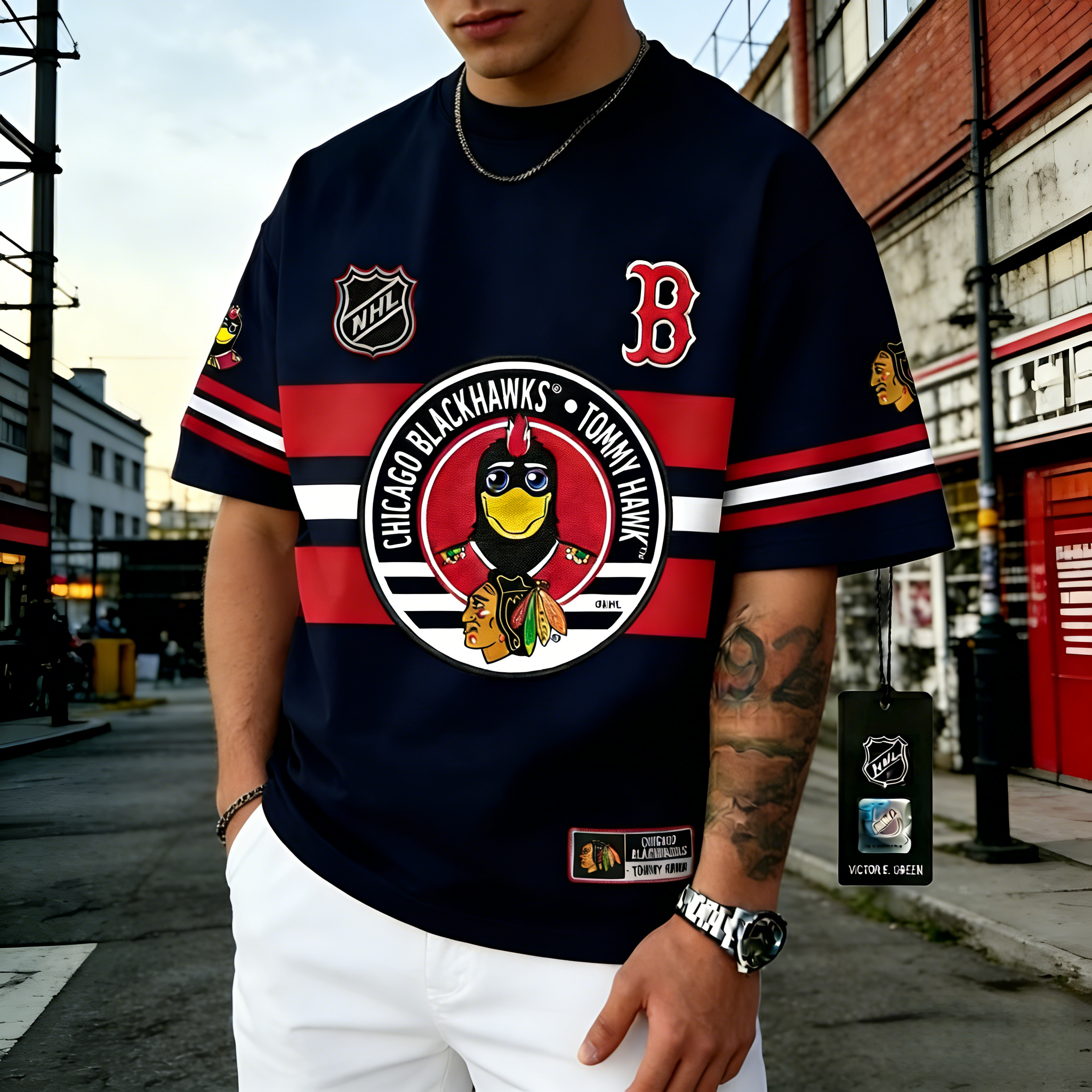 T-shirts featuring the NHL team "Chicago Blackhawks" and their mascot "Tommy Hawk"