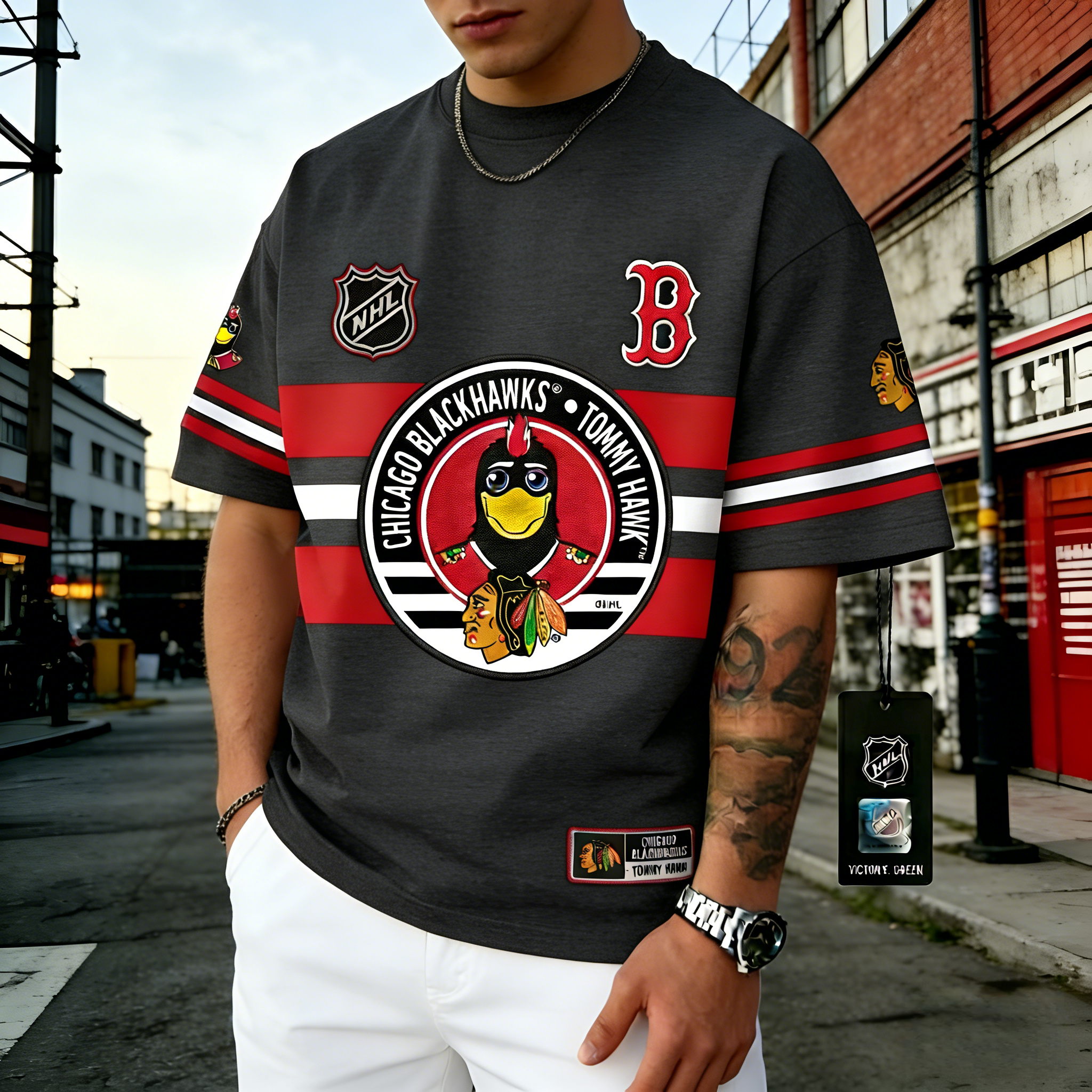 T-shirts featuring the NHL team "Chicago Blackhawks" and their mascot "Tommy Hawk"