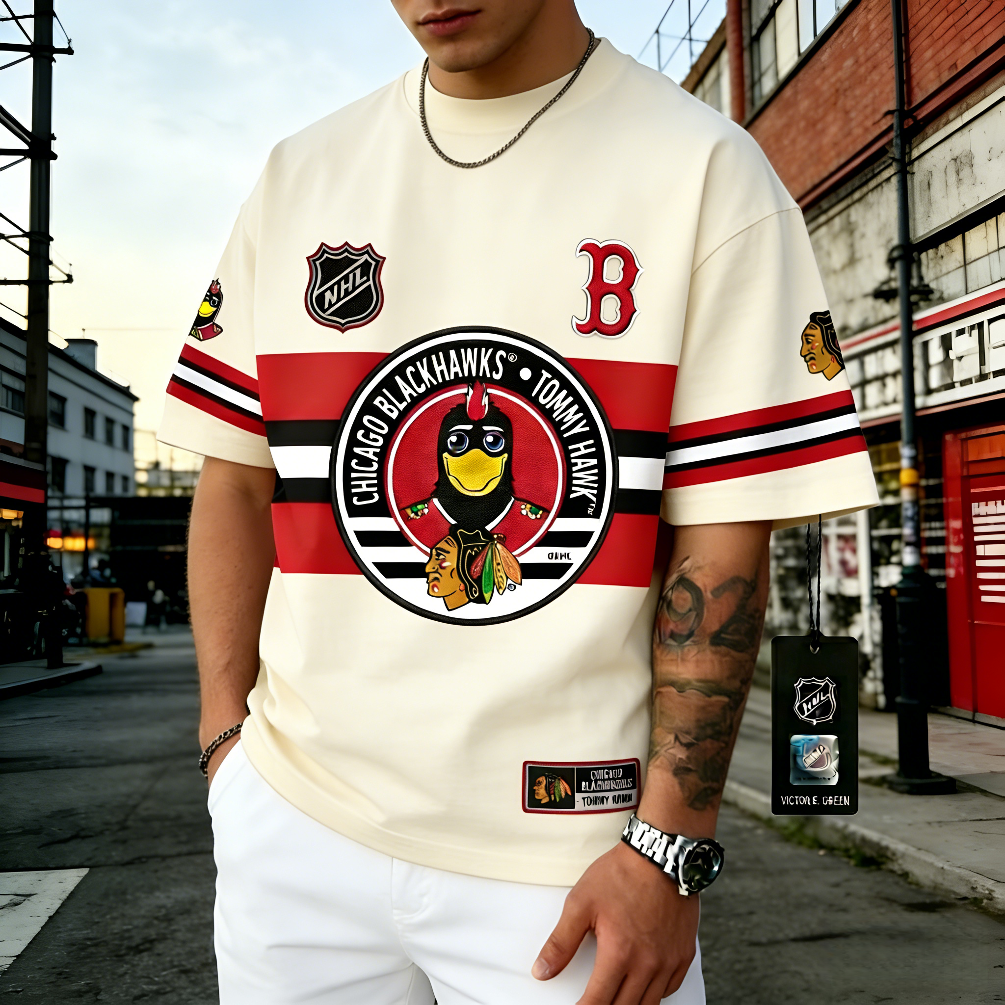 T-shirts featuring the NHL team "Chicago Blackhawks" and their mascot "Tommy Hawk"