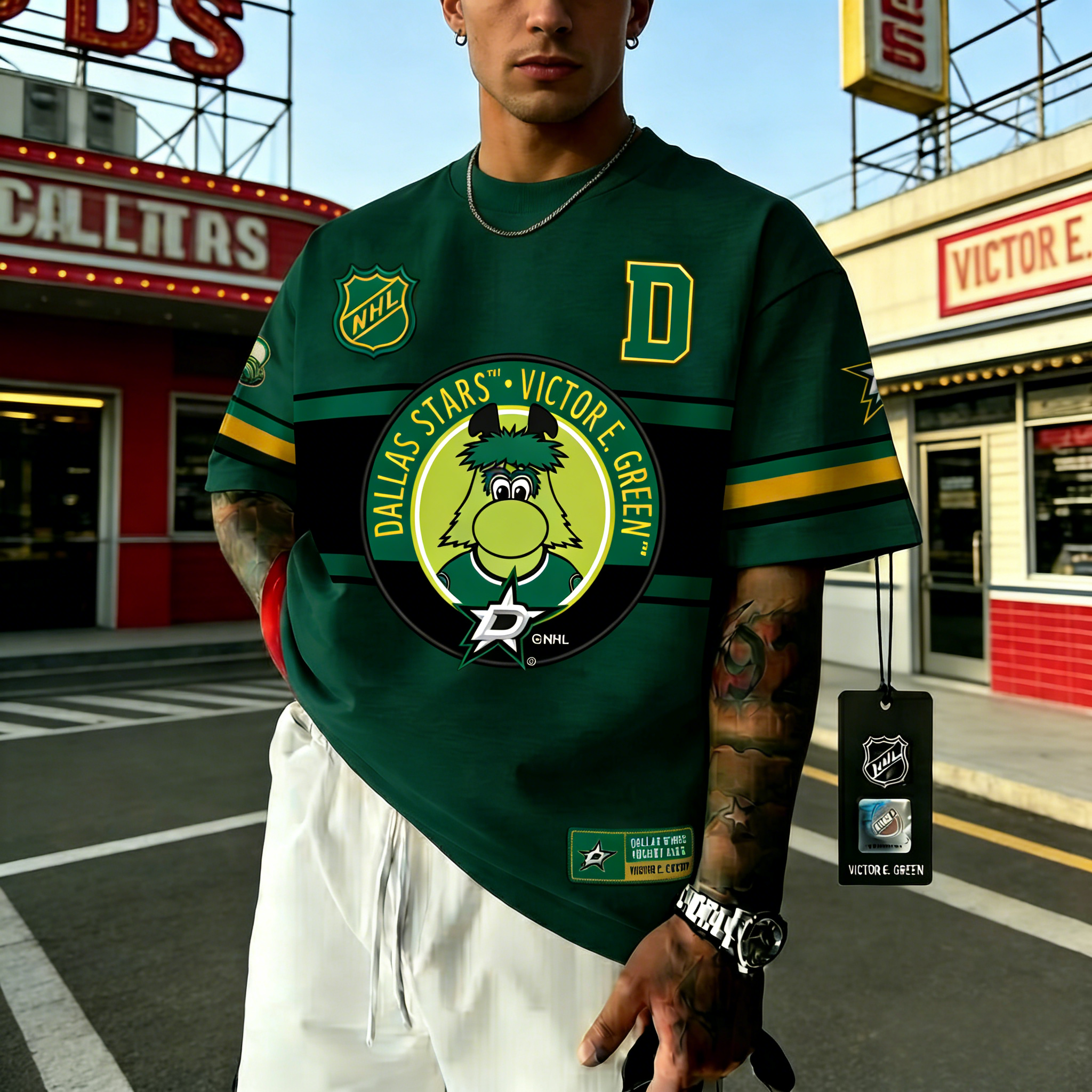 T-shirts featuring the NHL team "Dallas Stars" and their mascot "Victory"