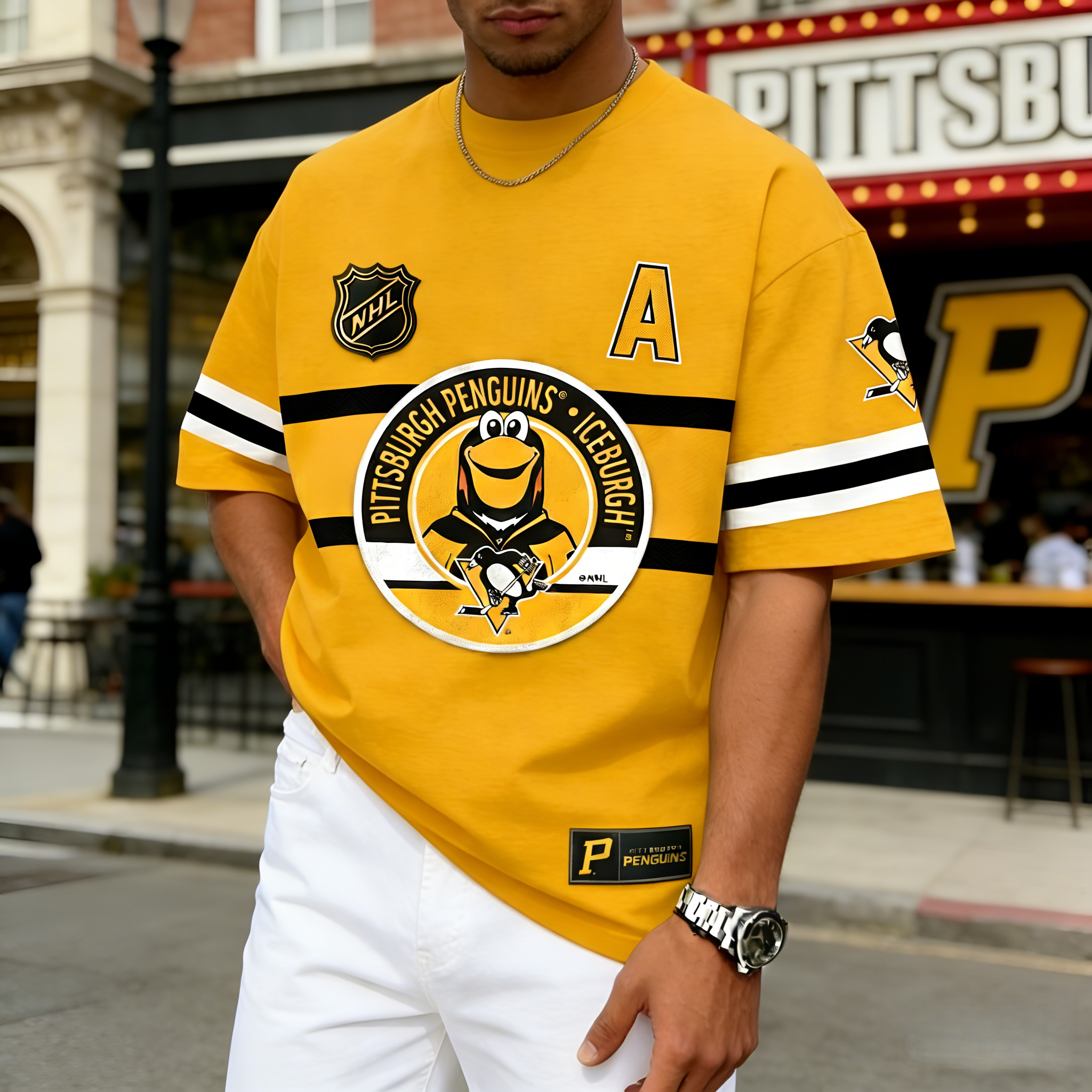 T-shirts featuring the NHL team "Pittsburgh Penguins" and their mascot "Iceburgh"