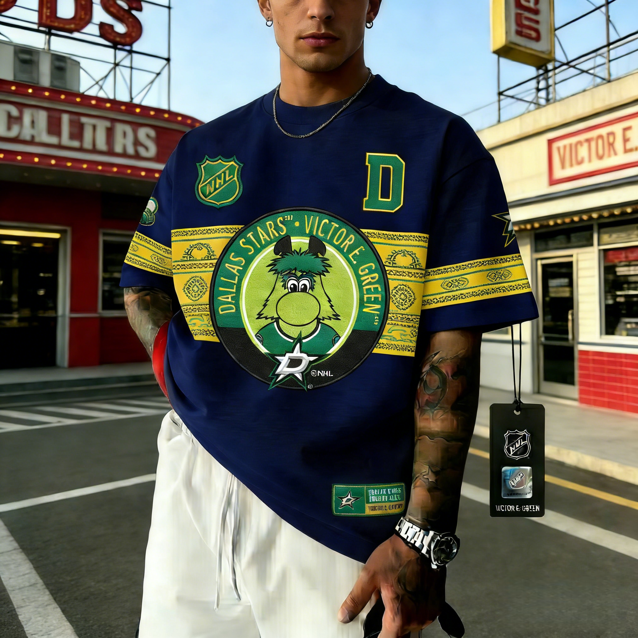 T-shirts featuring the NHL team "Dallas Stars" and their mascot "Victory"