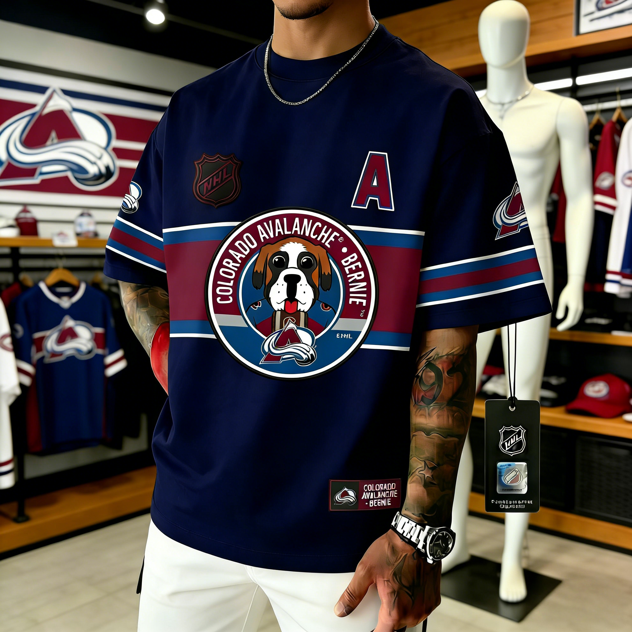T-shirts featuring the NHL team "Colorado Avalanche" and its mascot "Bernie"